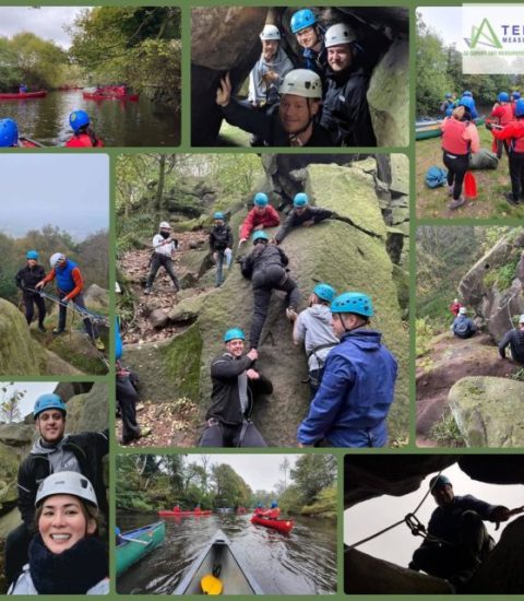 Group adventure activities including canoeing, rock climbing, and exploration in outdoor setting, wearing safety gear