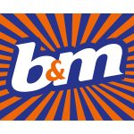 B&M logo with bold letters on a blue and orange sunburst background, representing retail branding UK