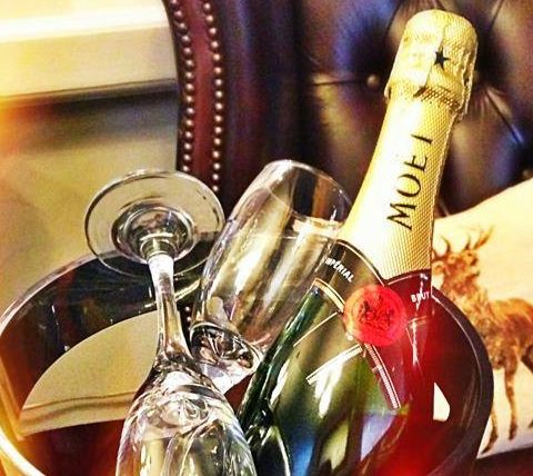 Champagne bottle and flutes in an ice bucket on a leather chair with a pillow featuring a stag design