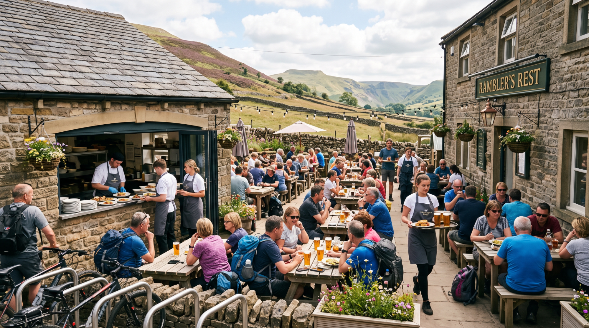 People dining outdoors at a countryside pub, staff serving food and drinks, scenic hills in the background