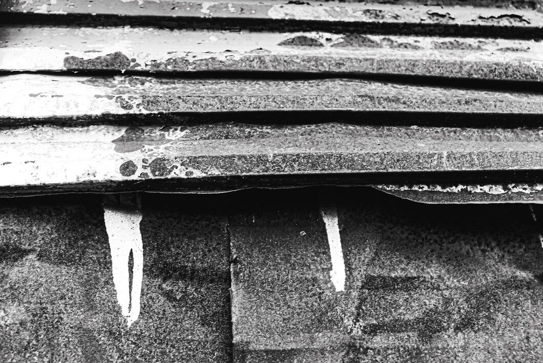 Black and white photo of a roof showcasing nails embedded in wooden shingles